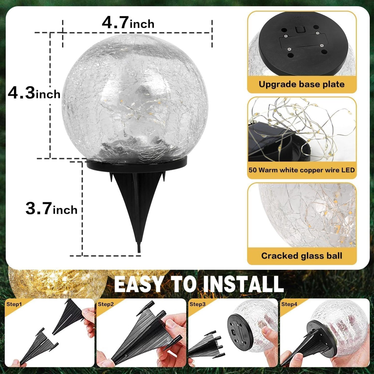 6 Pack Solar Garden Lights - Waterproof Cracked Glass Ball LED Decor for Pathway, Patio & Lawn (Warm White, 3.9")