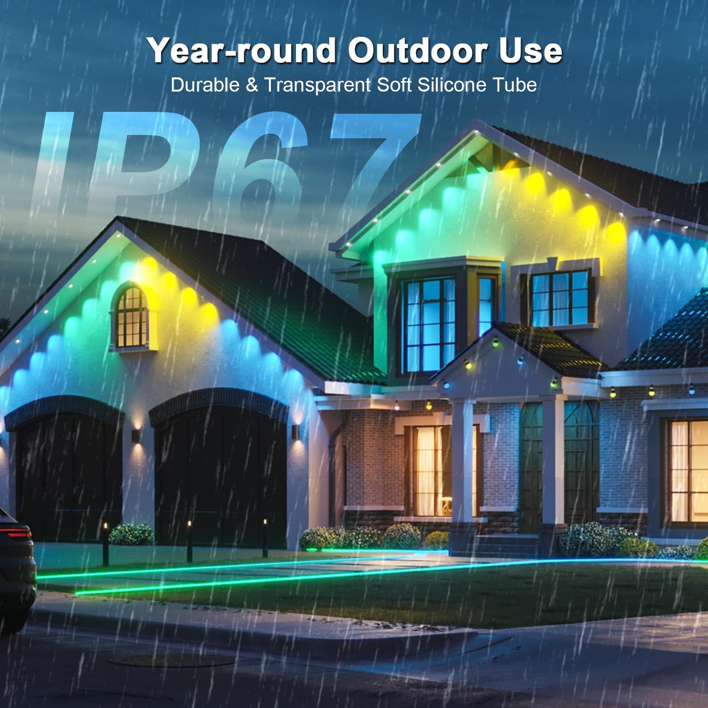 150FT Permanent Outdoor RGB Lights - IP65 Waterproof with Smart App Control Remote, DIY Scene Modes, Music Synchronization, Eaves Lights For Garden Decor, Deck, Christmas, Party, Party, Halloween,Roof