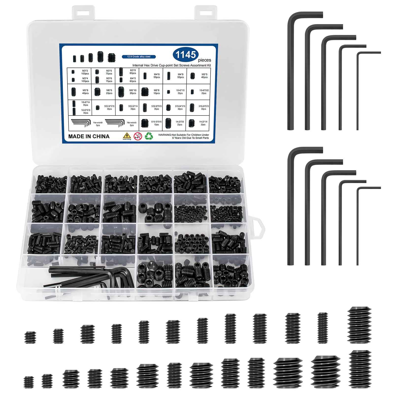 1145PCS 25 Sizes Metric & SAE Set Screw Assortment Kit,12.9 Class Alloy Steel Internal Hex Drive Cup-Point Set Screws Assortment Kit with 10 Hex Wrenches, M3 to M8 and 1/8-40 to 5/16-18