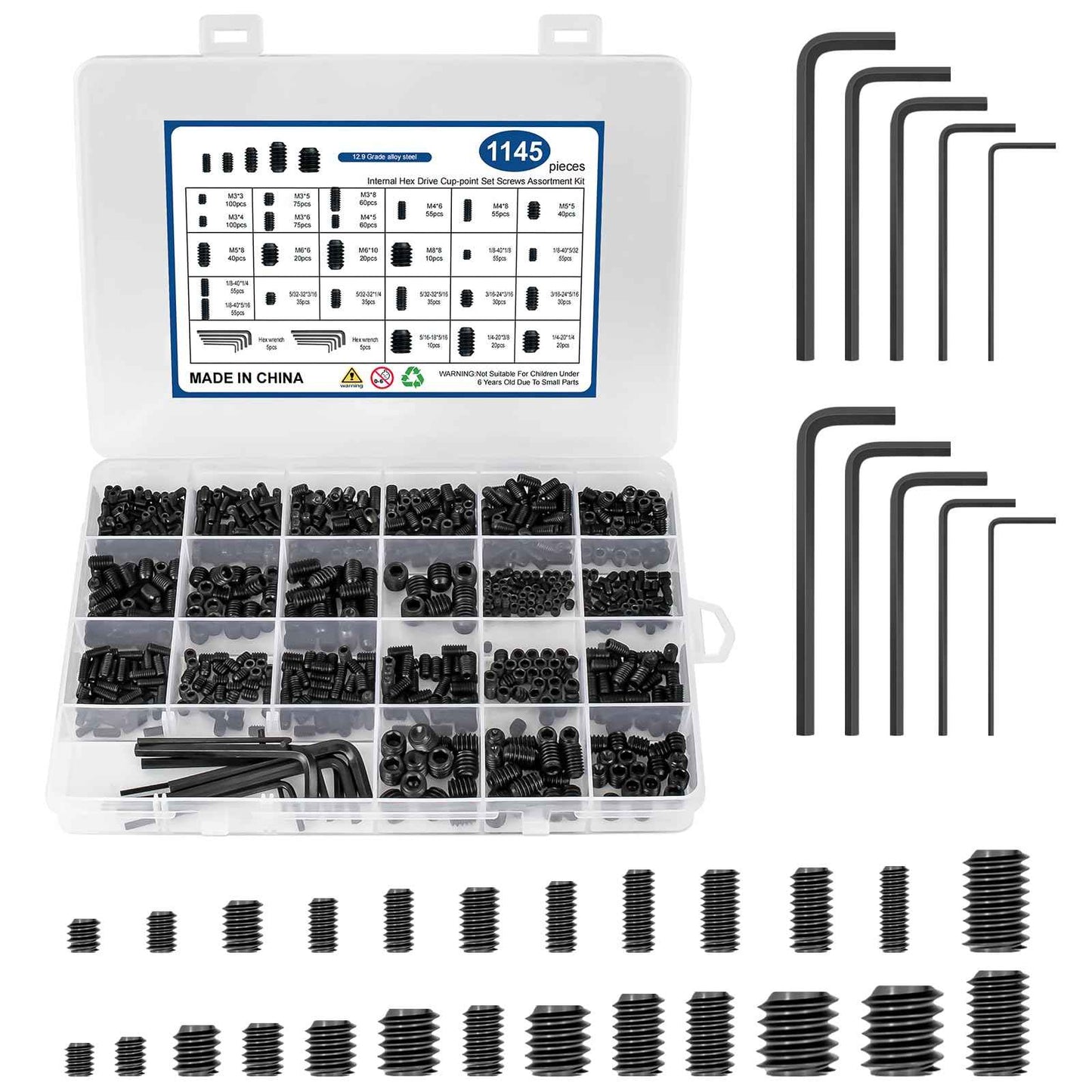 1145PCS 25 Sizes Metric & SAE Set Screw Assortment Kit,12.9 Class Alloy Steel Internal Hex Drive Cup-Point Set Screws Assortment Kit with 10 Hex Wrenches, M3 to M8 and 1/8-40 to 5/16-18