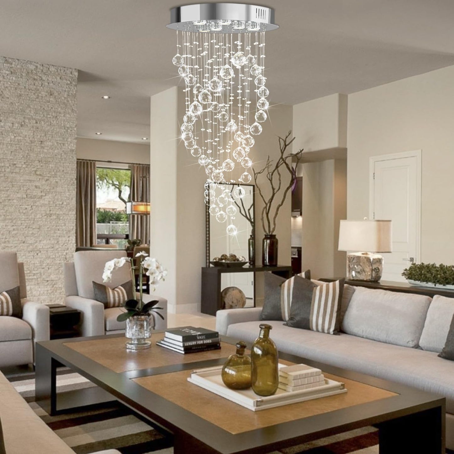 Modern Luxury 6-Lights Spiral Raindrop Crystal Chandeliers for Dining Room, k9 Crystal Ball Flush Mount Ceiling Light Fixture for Living Room,Bedroom,Bathroom,Hallway,Staircase of CRYSTOP