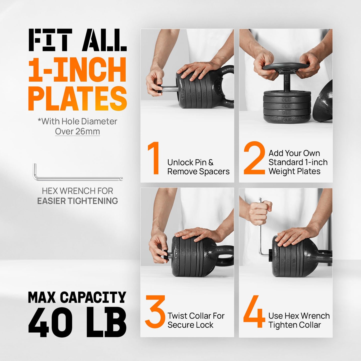 Yes4All Adjustable Kettlebell Set, 20–40 LB Weight Set, Solid Cast Iron Handle with Spacer Disks & Secure Lock, Space-Saving Kettlebell for Home Gym Strength Training, Black