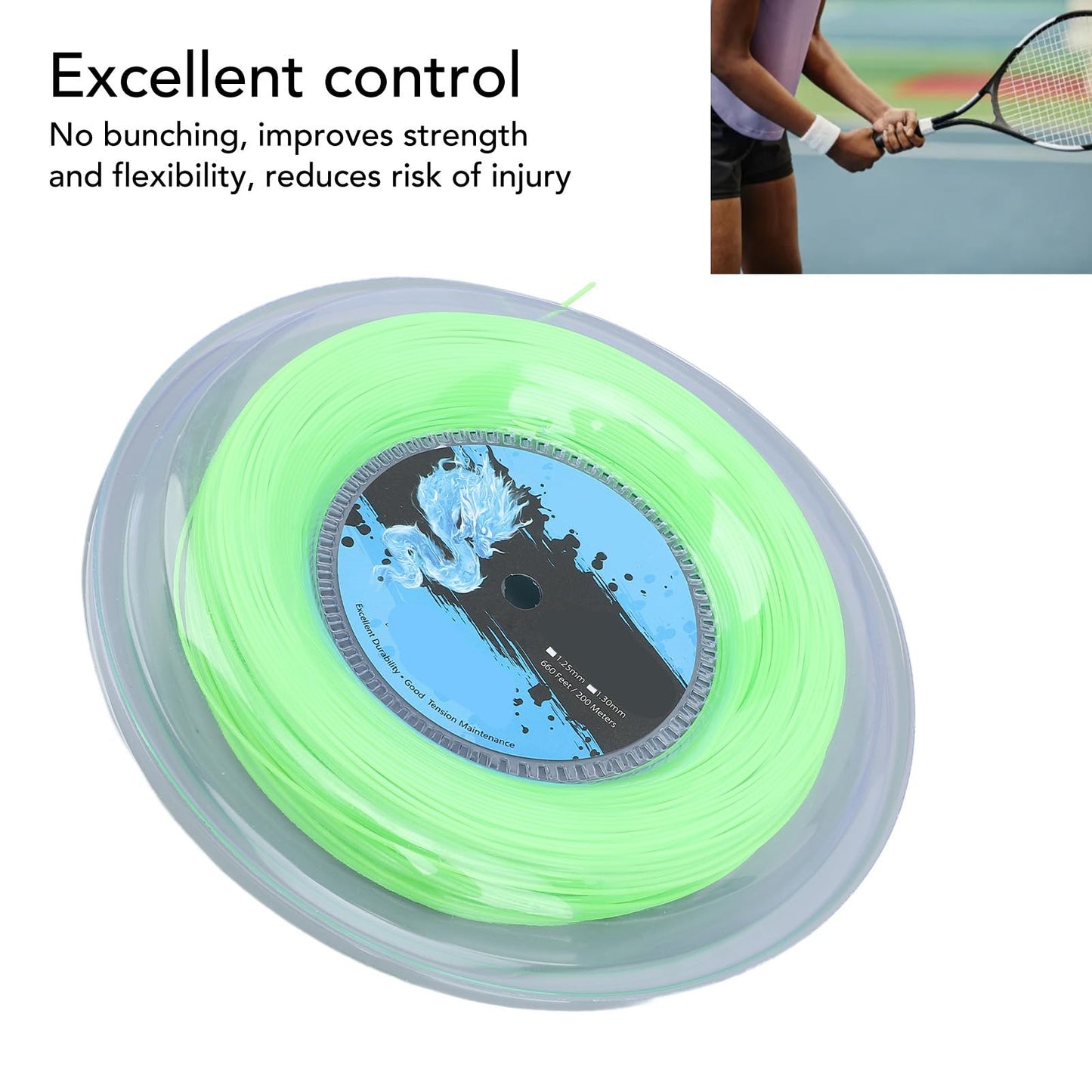 Tennis String Reel - 200m/656.17ft Tennis Strings Premium Polyester, Reel Tennis String for All Training Levels & , Fluorescent Green