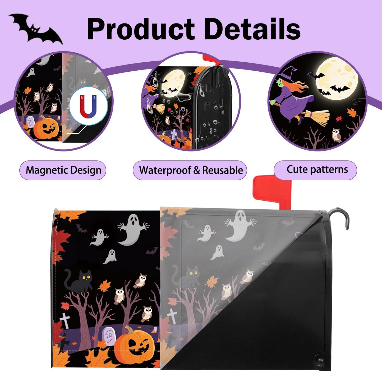 Halloween Pumpkin Mailbox Covers Magnetic Standard Size 21"x18" Happy Halloween Decorations Scary Night Ghost Witch Mailbox Wraps Fall Letter Post Cover for Holiday Home Garden Yard Outdoor Decor