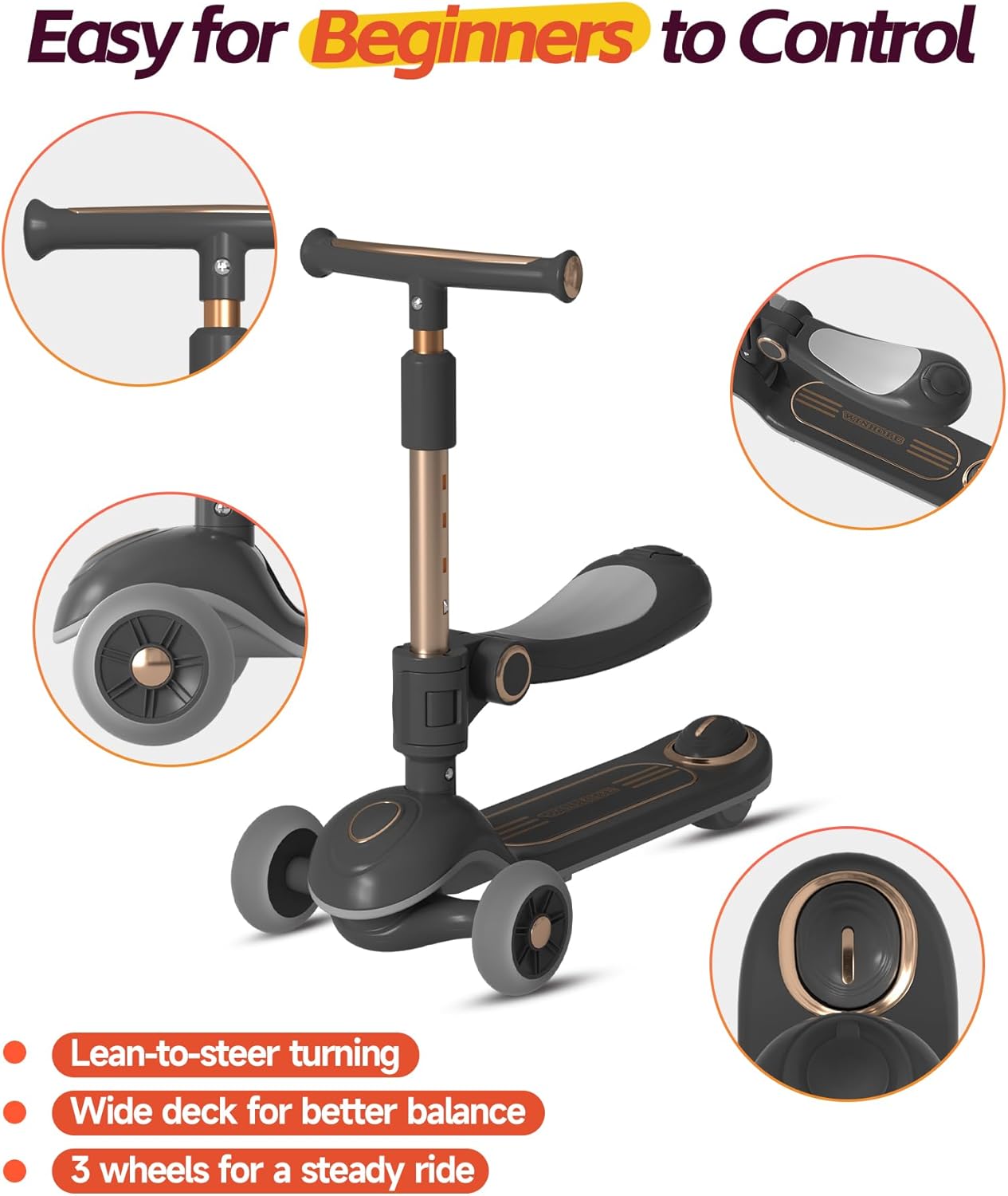 Skiennix 2-in-1 Toddler Scooter - Sit-to-Stand Design for Kids Ages 2–5 | Adjustable Handlebars & Light-Up Wheels