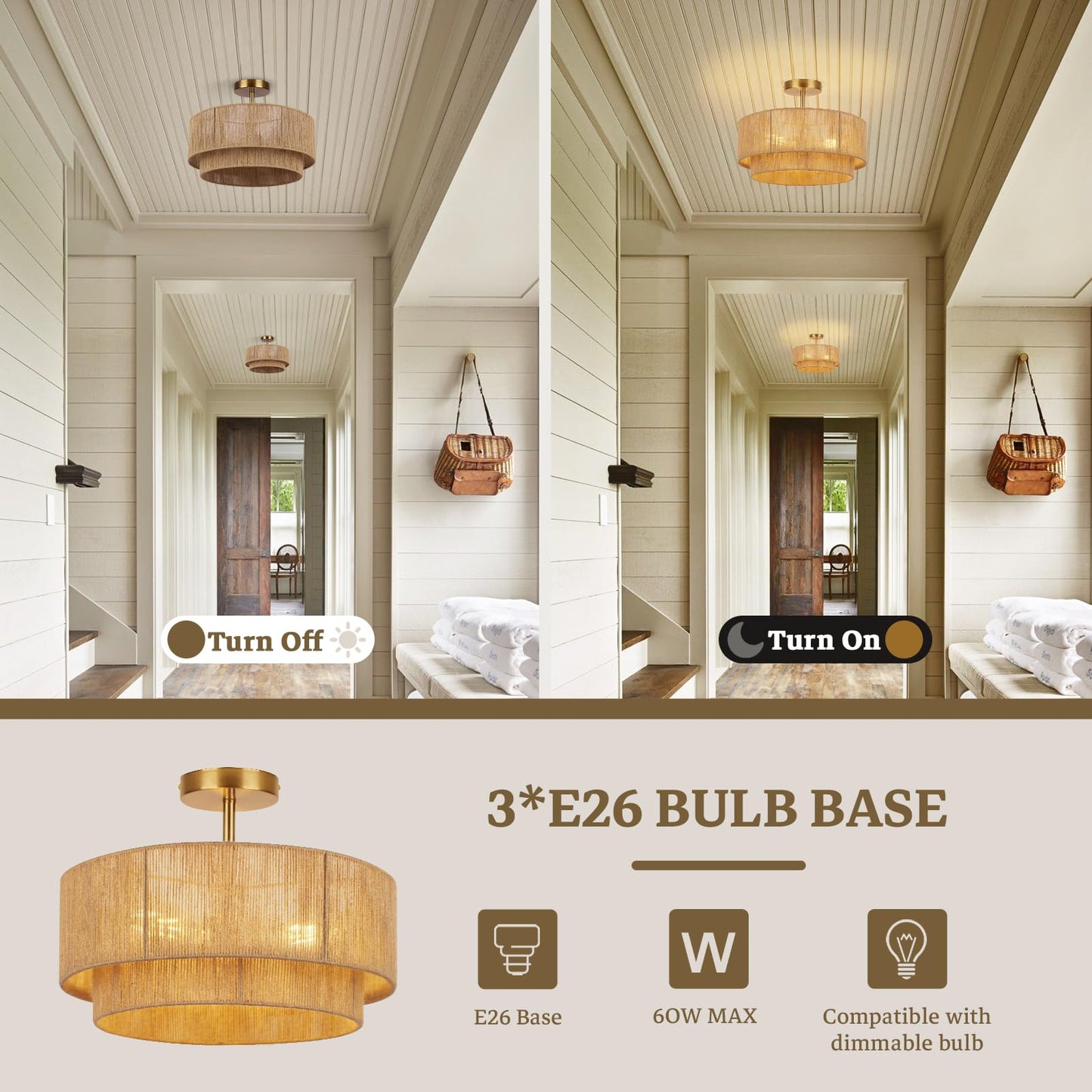 16'' Semi Flush Mount Ceiling Light,Boho Light Fixtures,3-Light Coastal Hemp Rope Ceiling Light Flush Mount with 2-Tier Drum Shade,Farmhouse Rattan Ceiling Lights for Bedroom, Kitchen,Living Room