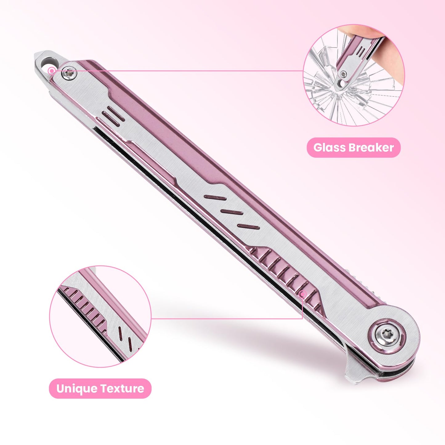FUNBRO Pink Pocket Knife for Women - Slim EDC Knife with 7CR13Mov Steel Tanto Blade, Clip and Glass Breaker - Womens Knife for Self Defense - Cute Girl Survival Tool Pocket & Folding Knives