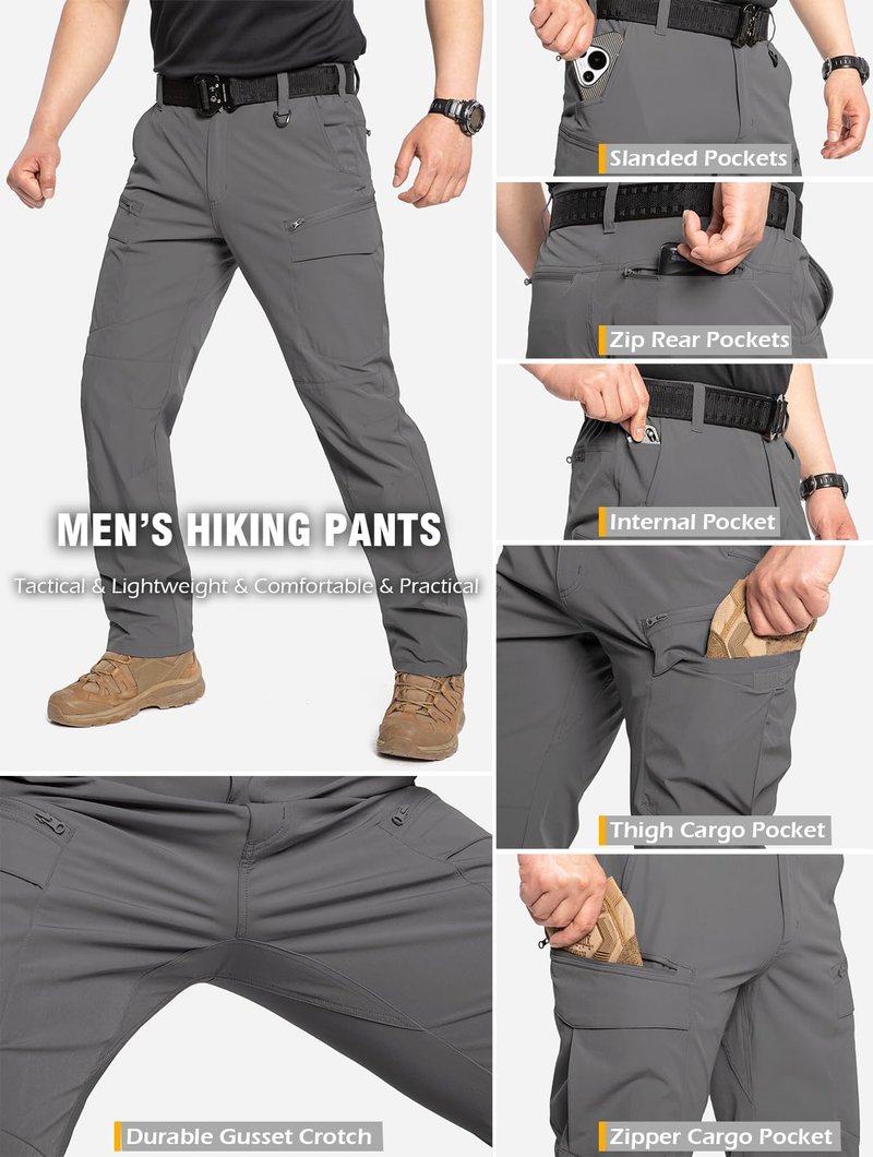 CARWORNIC Men's Lightweight Tactical Hiking Pants Water-Resistant Flex EDC Cargo Pants Stretch Quick Dry Work Pants Multi-Pocket Travel Safari Outdoor Fishing Trousers