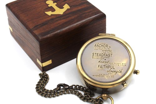 US HANDICRAFTS I Am Your Anchor, Faithful, Strength Engraved Brass Compass | Portable Sentimental Son Birthday, Graduation, Confirmation, & Baptism Gift with Wooden Box and & Chain