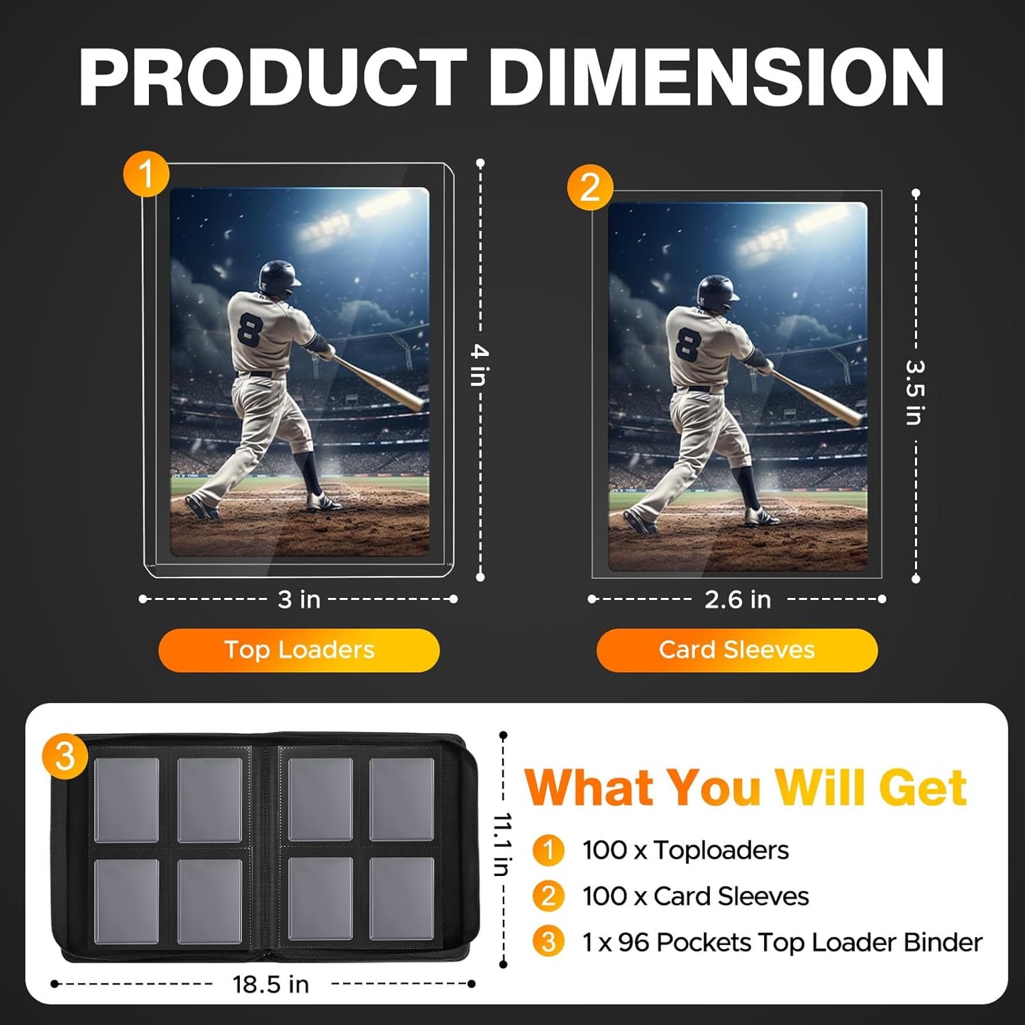 Skiennix 200 Card Sleeves Top Loaders - Durable 3" x 4" Baseball Card Protectors with 96 Pockets