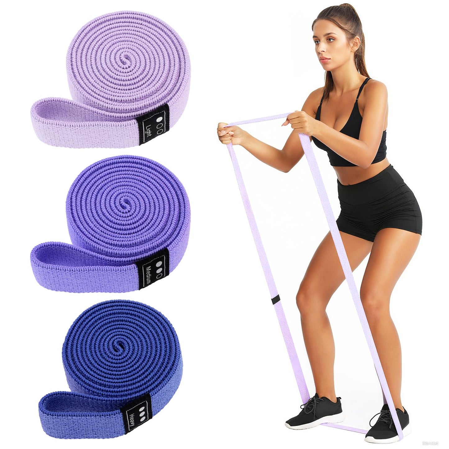 Tobefore Fabric Resistance Bands - 3-Pack Set, Long Cloth Exercise Bands for Home Workout Strength Training, Yoga & Pilates | with Storage Bag（Light Pink, Light Purple, Dark Purple）