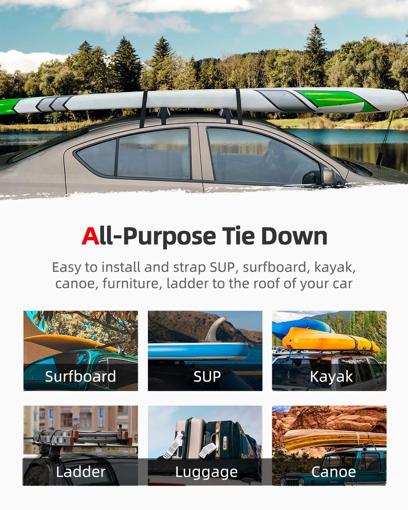 Abahub 2 PCS Roof Rack Cargo Tie Down Straps 16 ft x 1.5 inch for SUP Paddle Boards, Surfboards, Kayaks, Canoes, Heavy Duty Cam Buckle Tie Downs with Neoprene Sleeve