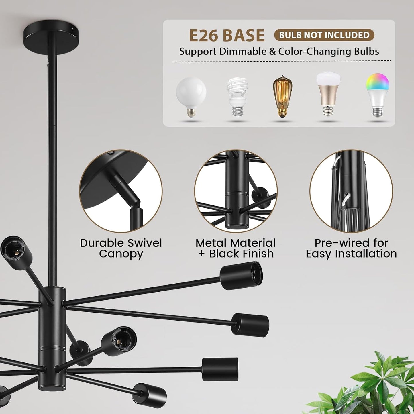 8-Light Gold Sputnik Chandelier - Modern Adjustable Ceiling Light for Dining Room, Kitchen & Foyer