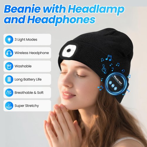LED Beanie with Light, Unisex Rechargeable Flashlight Beanie Hat with Wireless Headphones, Unique Christmas Birthday Gifts for Men Women Black