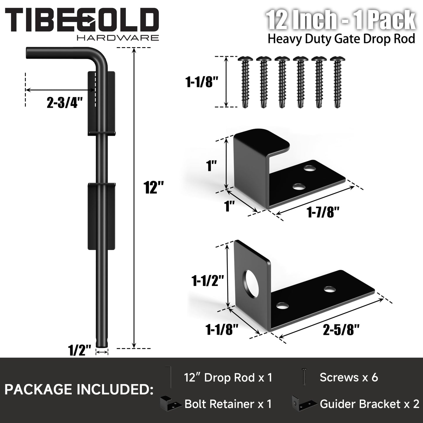 TIBEGOLD 12" Heavy Duty Cane Bolt Gate Drop Rod, Extra Thick Gate Ground Latch Hardware for Wood PVC Vinyl Metal Fences Gates, Wrought Iron Doors Stopper Gate Latches, Black Finish, 1 Pack