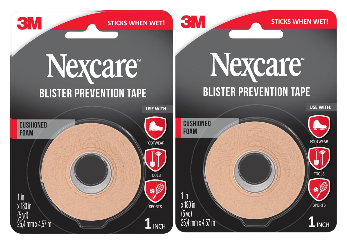 Nexcare Blister Prevention Tape, Waterproof Foam Medical Tape, Latex-Free, Sticks Firmly to Skin to Help Prevent Blisters - 1 in x 5 yds, 2 Rolls of Tape