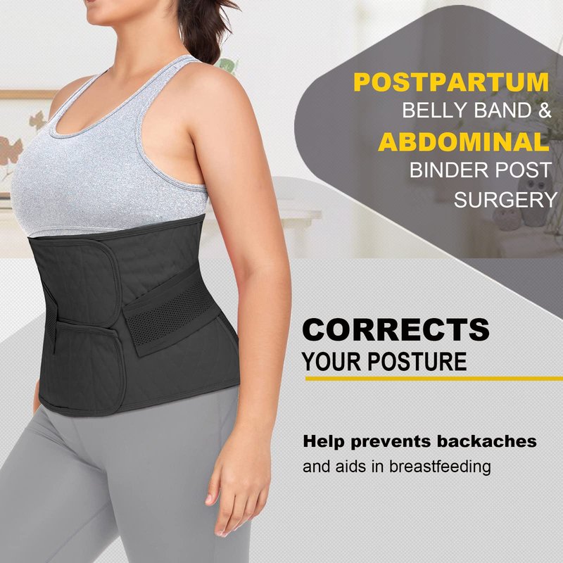 QEESMEI Postpartum Belly Band Abdominal Binder Post Surgery C-section Belly Binder Wrap Girdle Recovery Belt Back Support (Small/Medium, Black)