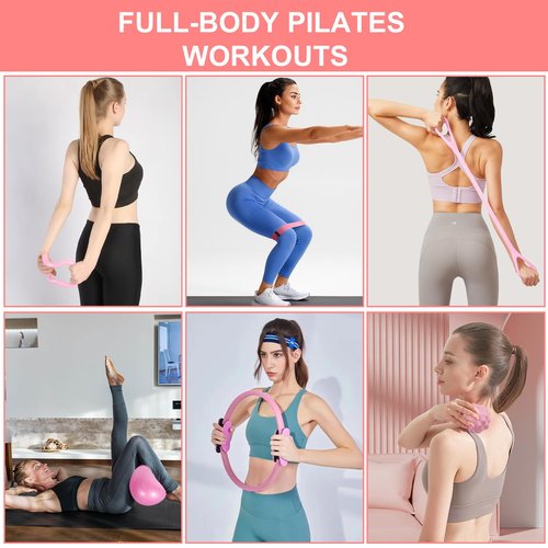 LENGAMPLAY Pilates Ring Set with Resistance Bands– Anti-Slip Magic Circle Pilates Ring for Home Workouts, Full-Body Toning, Strength Training for Women 14PCS