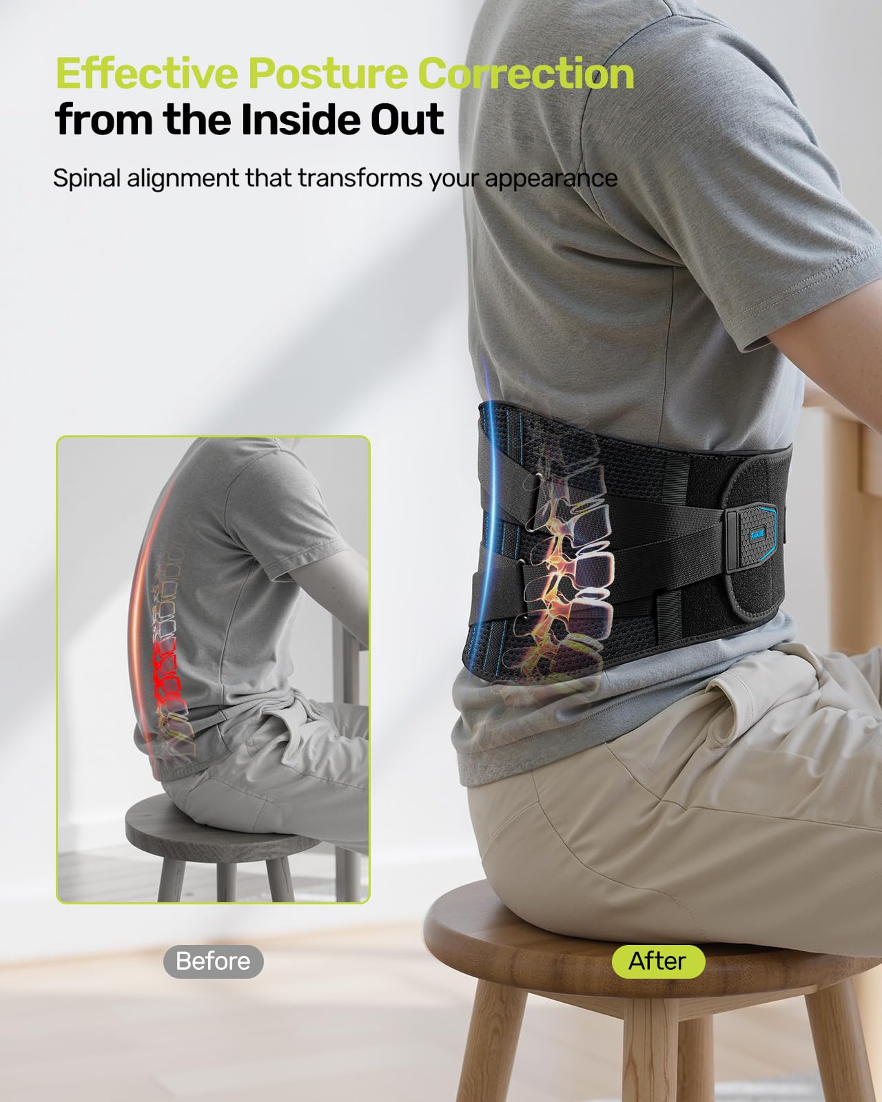 Rakiie Lumbar Back Brace with Removable Pad, Adjustable Lower Back Pain Relief Support for Men and Women, Comfortable Support Belt Ideal for Lower Back Pain, Sciatica, Scoliosis, Size XL (Waist: 45.3"-51.2")