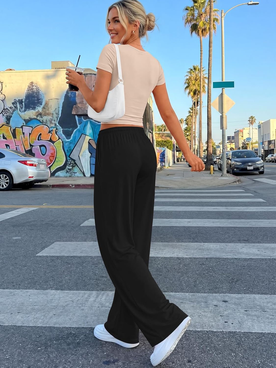 Trendy Queen 2 Piece Summer Sweatsuit Set - Women's Wide Leg Pants & Ruching Crop Top