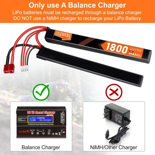 Crazepony 11.1V 1800mAh 3S LiPo Airsoft Battery - Rechargeable Nunchuck Split Pack with T Plug & Mini Tamiya Cable