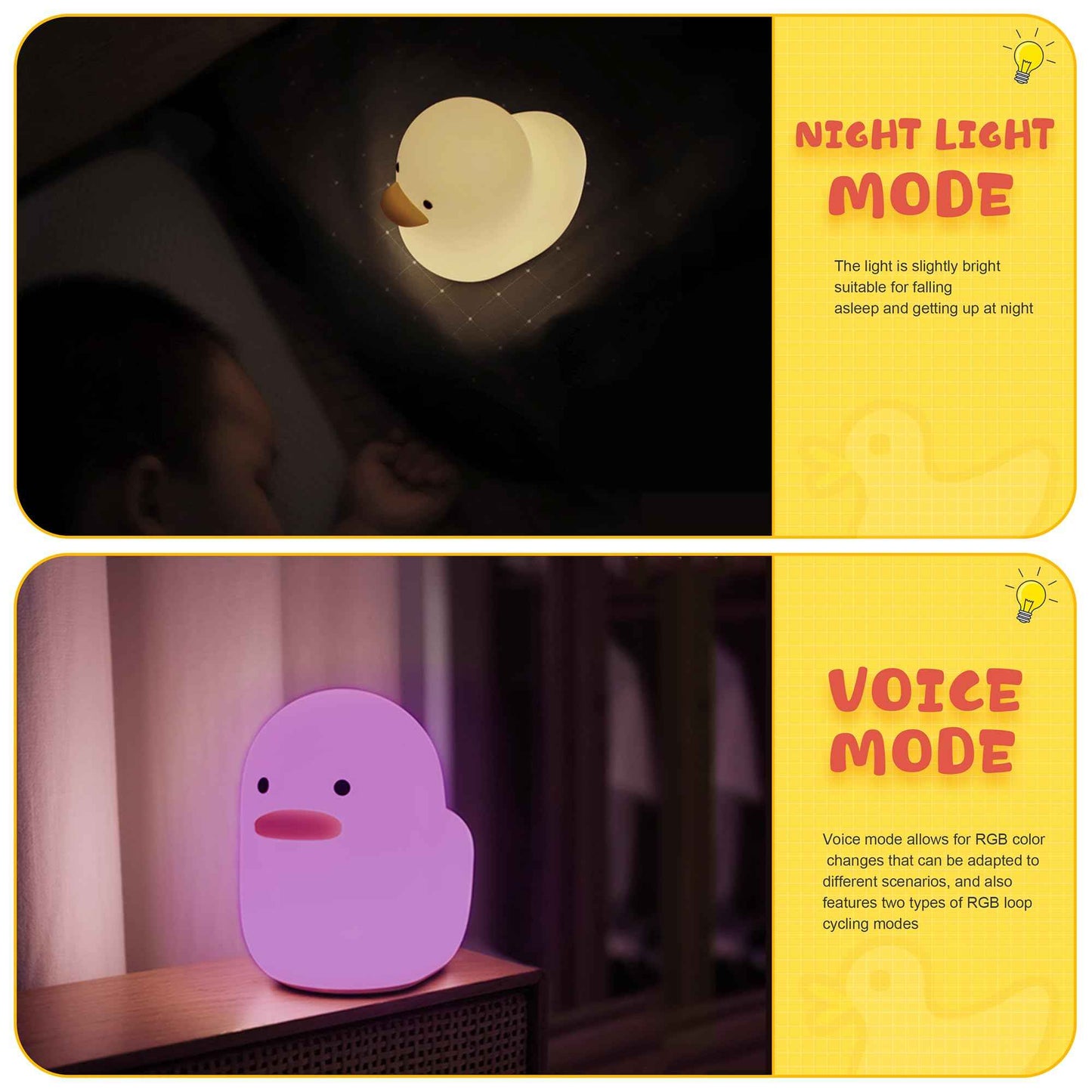 UNEEDE Voice Control LED Benson Night Light, Cute Duck Animal Silicone Nursery Night Light Rechargeable Table Lamp Bedside Lamp with Touch Sensor for Baby Girls Women Bedrooms, Living Room