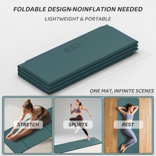 ILILI Foldable Yoga Mat 71 * 24 * 0.3'' - TPE Non-Slip Fitness Mat for Home，Waterproof & Lightweight (2lb) for Home Gym, Pilates & Stretching,Fitness Workouts (Dark Green)