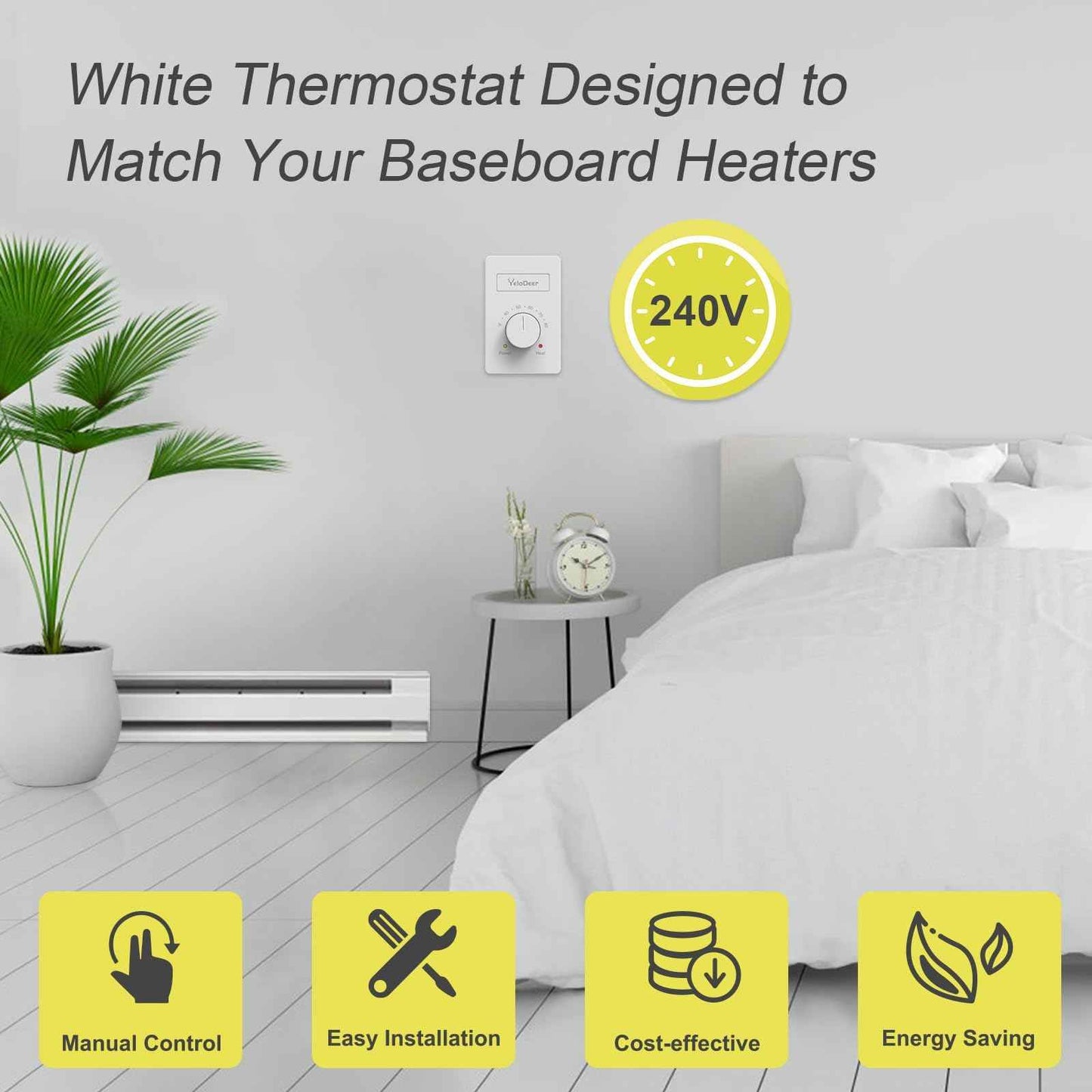 240 V Only 4-Wire Manual Electric Baseboard Heater Thermostat for Home, YeloDeer