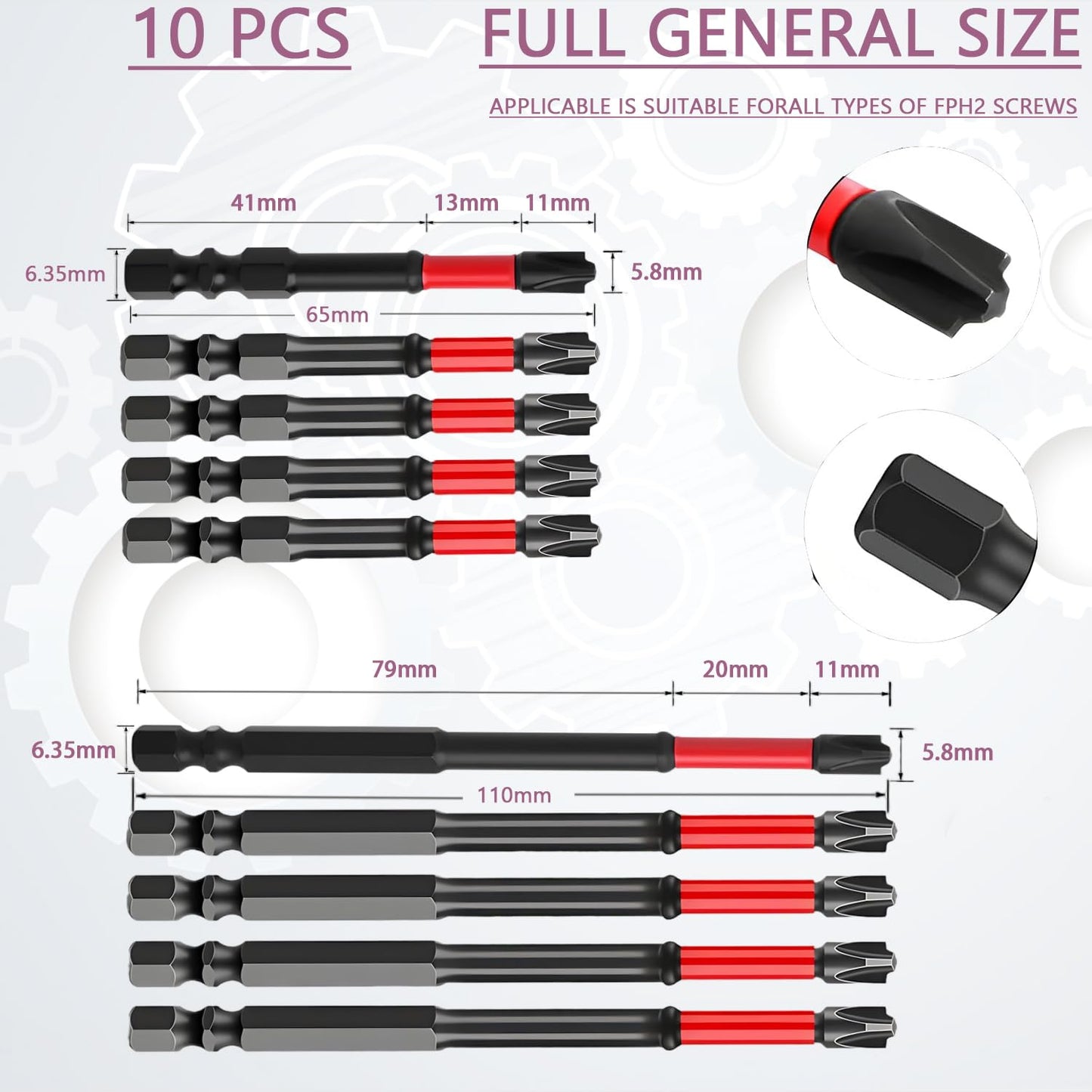 FPH2 Impact Screwdriver Bit Set - 65mm & 110mm Slotted Heads 1/4 Inch Hex Shank, Cross Slot Screw Driver Drill Bits Used Electricians ，CNC Machined Tips with Magnetism,(10pcs)
