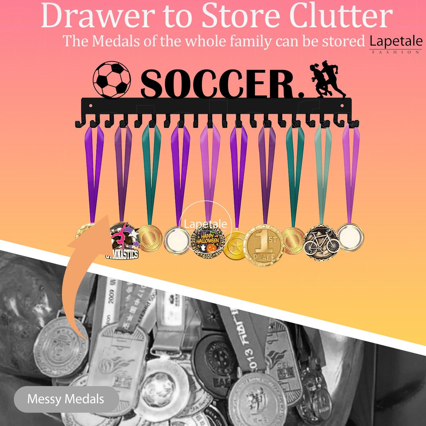 Lapetale Fashion Soccer Girl Medal Hanger Display for 63 Medals – She Believed She Could So She Did (16" Wide with 20 Hooks) - Black- Awesome Gifts-Patent NO.983560S