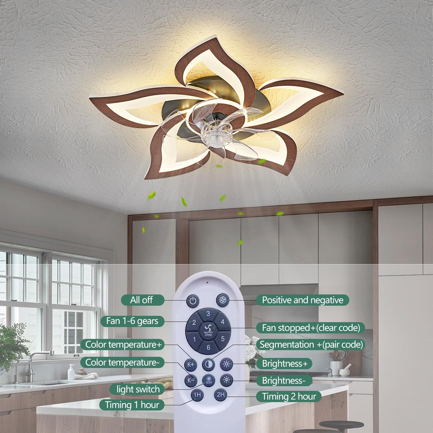 HuixuTe 24" Wood Geometric Ceiling Fan with Lights Remote Control, Low Profile Ceiling Fan with Light for Kitchen Bedroom Living Room