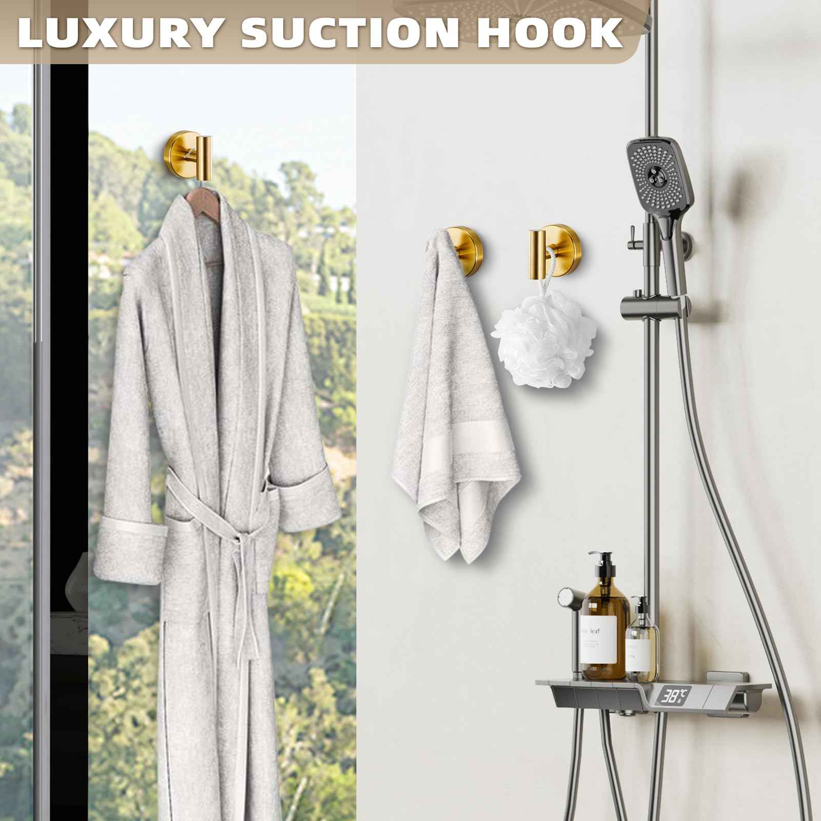 Fenas Suction Cup Hooks for Shower - Bathroom Reusable Hooks for Towels, Robes & Loofah - No-Drill Mounting on Kitchen,Walls,Metal,Glass,Mirrors,Tile & Smooth Non-Porous Surfaces (2, Brushed Gold)