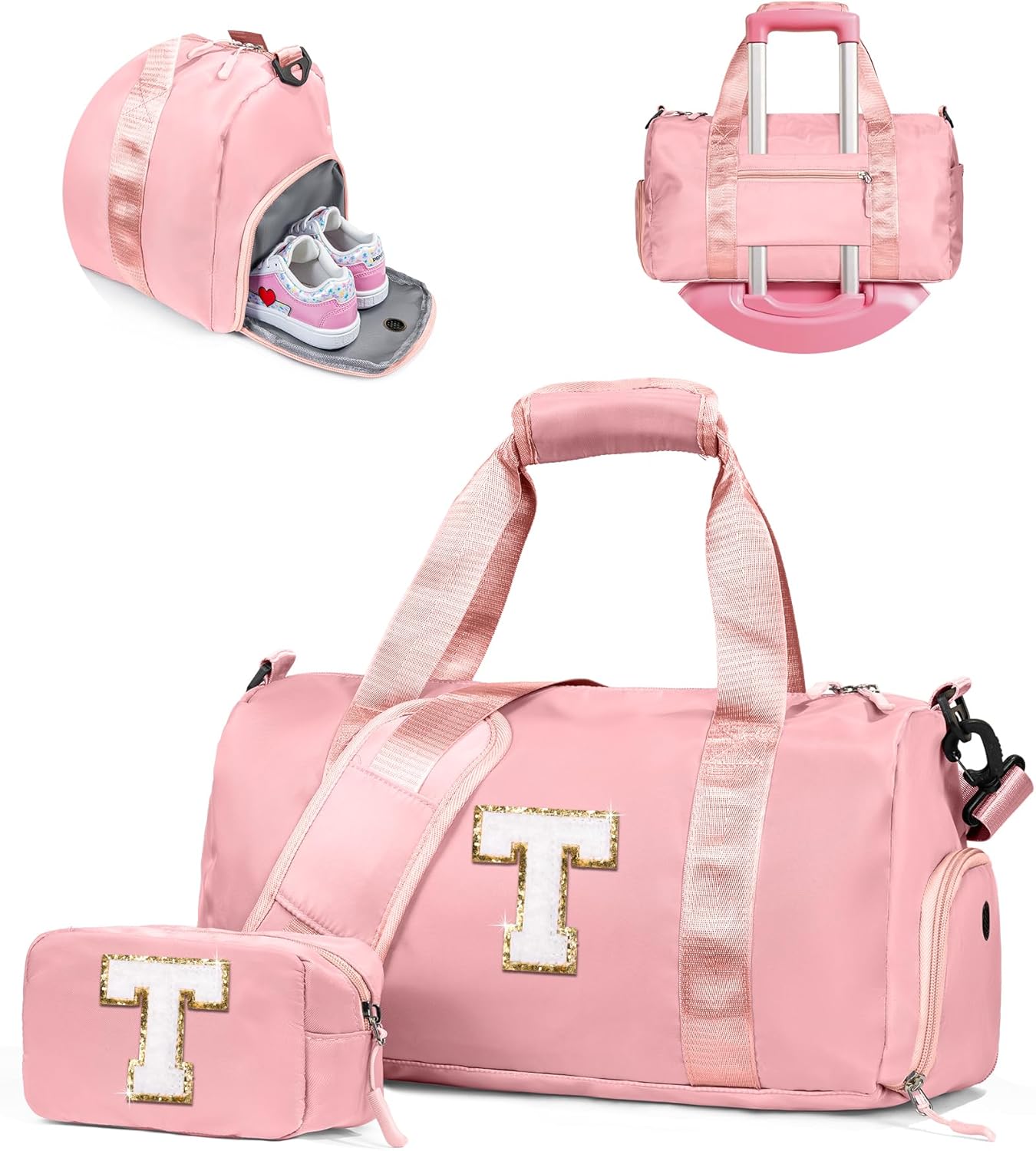 Skiennix Girl Gym Bag - Personalized Weekender Tote with Shoe Compartment & Makeup Pouch | Ideal Gift for Teens and Kids (Letter T)