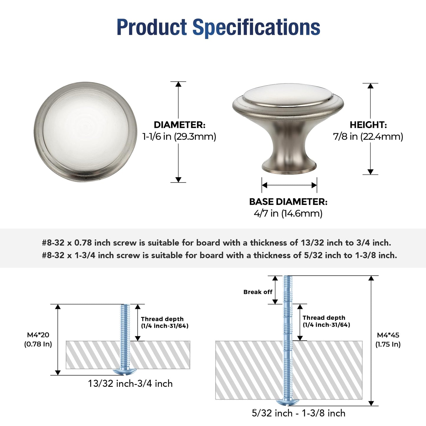 JOY DECOR 10 Pack Brushed Nickel Cabinet Drawer Hardware 30mm Kitchen Cabinet Knobs Drawer Pulls with Installation Screws for Dressers Kitchens Cupboard