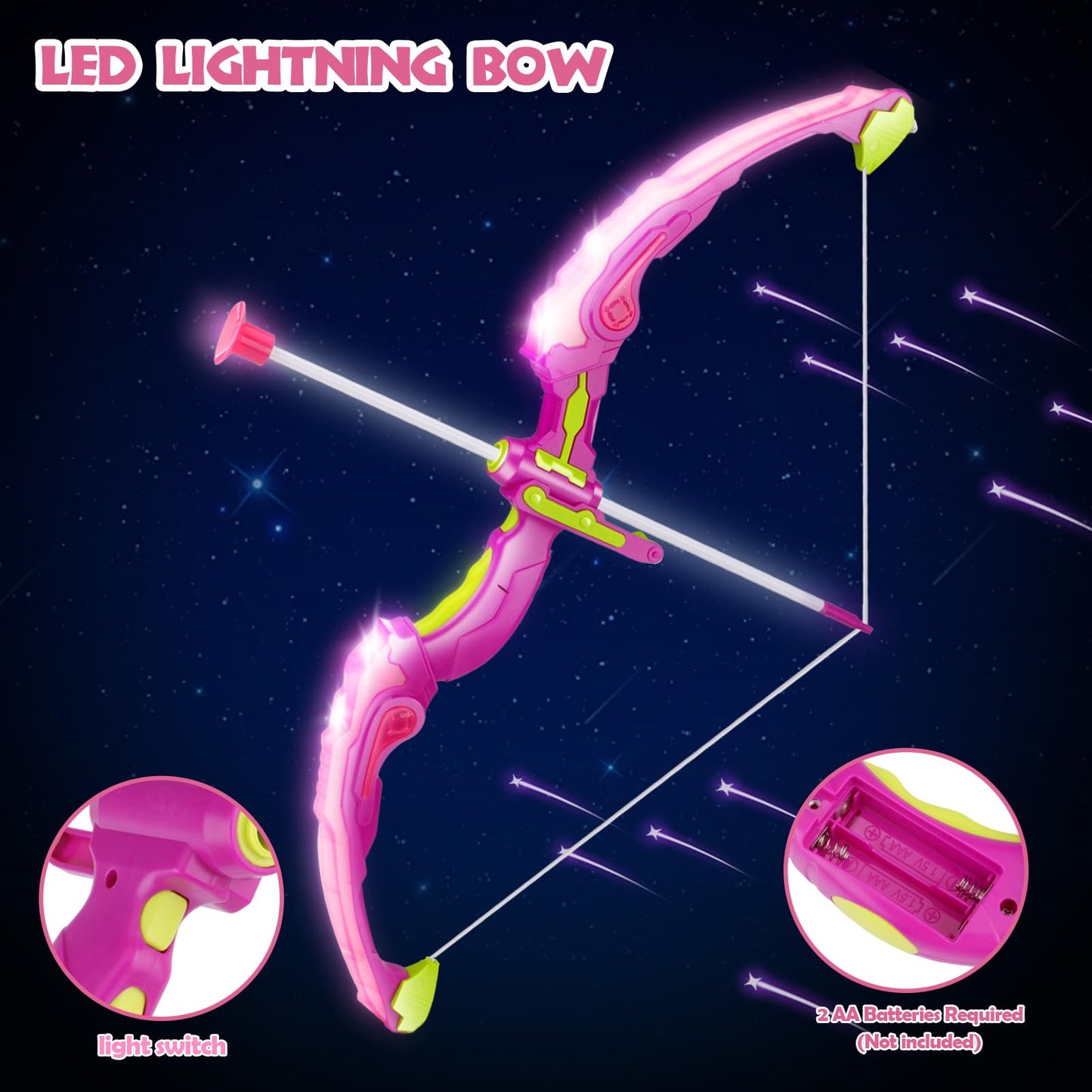 OWNONE 1 Pink Bow and Arrow Set for Girls, LED Light Up Archery Set with 10 Suction Cup Arrows, Target, Fairy Wings & Princess Crown, Birthday Gift Outdoor Toys for Kids Girls Ages 3-12