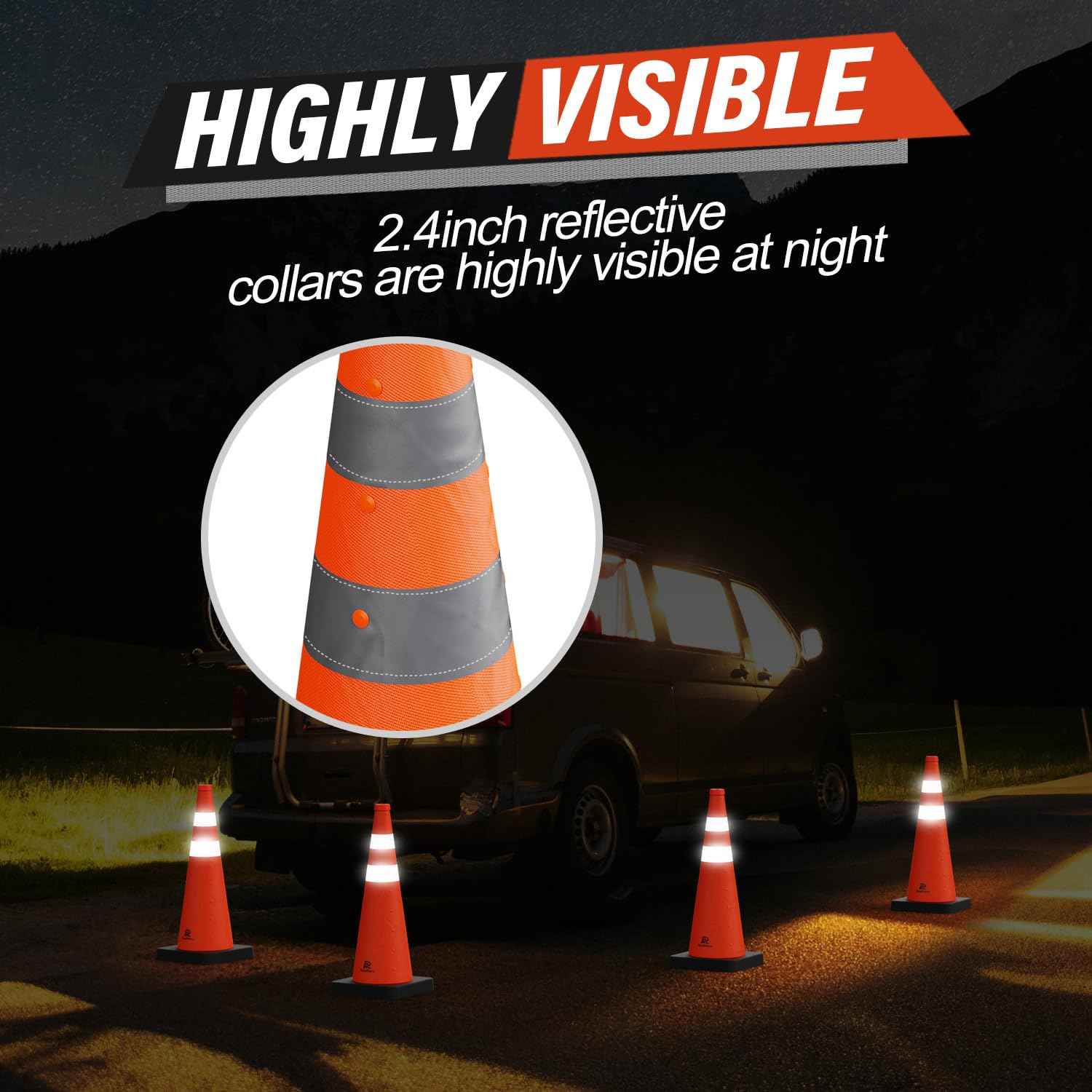 28 Inch Collapsible Traffic Safety Cones - Weighted Base & Reflective Collars, 4 Pack