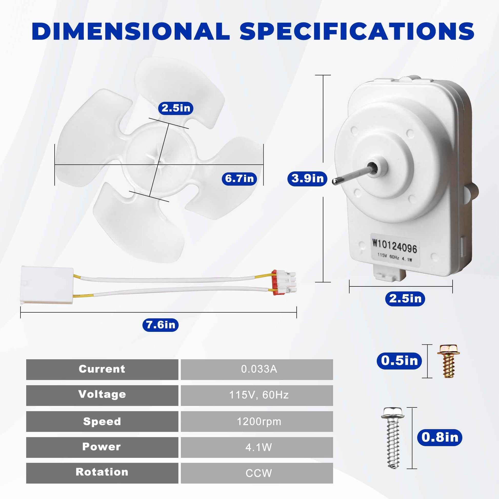 W10124096 W10130108 W10204250 Refrigerator Condenser Fan Motor Kit - Compatible with Whirlpool, KitchenAid & Kenmore, with Motor, Blade, Harness & Hardware,Replace 2188727 2188538