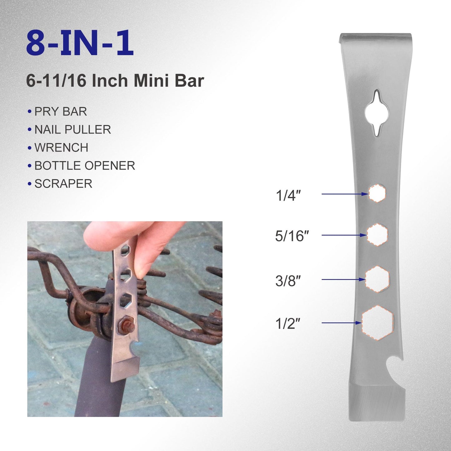 STAHONE 2-Piece Stainless Steel Pry Bar Scraper Set - 9-1/2" Flat Pry Bar and 6-11/16" Mini Crowbar with Socket Wrench, Bottle Opener, Molding, Nail Puller, Scraper and Baseboard Removal Tool