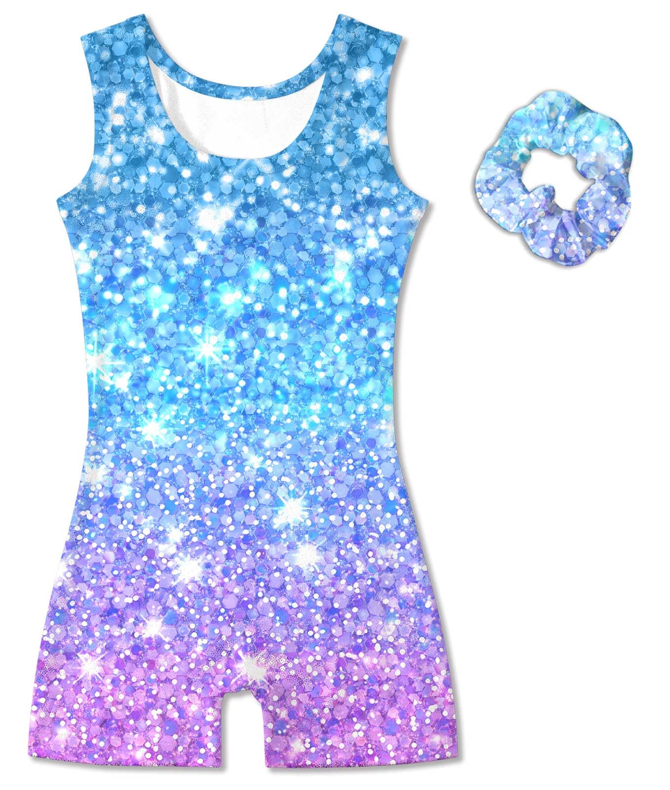 Vogseek Gymnastics Leotards for Girls 4 5 Years Shiny Blue Purple Athletic Outfits with Hair Scrunchie Kids Cute Tank Sleeve Activewear Ballet Dance Unktards,Blue Purple