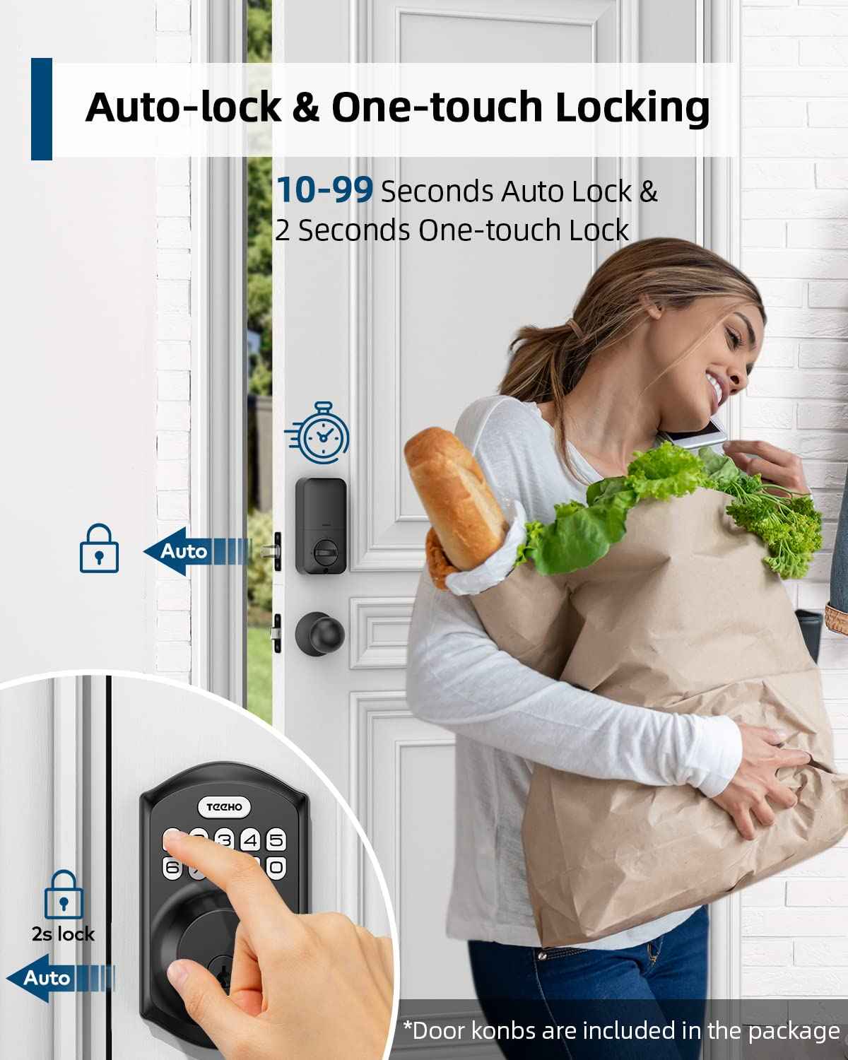 TEEHO TE001K Keyless Entry Door Lock with Handle, Electronic Keypad Deadbolt with 2 Knobs, High-Security Front Door Handle Set for Home & Rental, Smart Auto-Locking, Easy Install, Matte Black