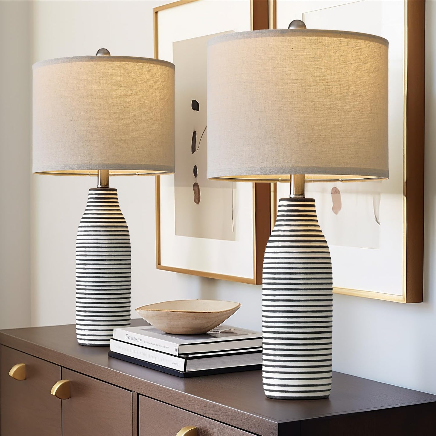 PORTRES 25" Ceramic Table Lamps Set of 2 Beside Lamps for Living Room Modern Bedroom Lamps for Night Stands with Rotary Switch Black and White Stripes