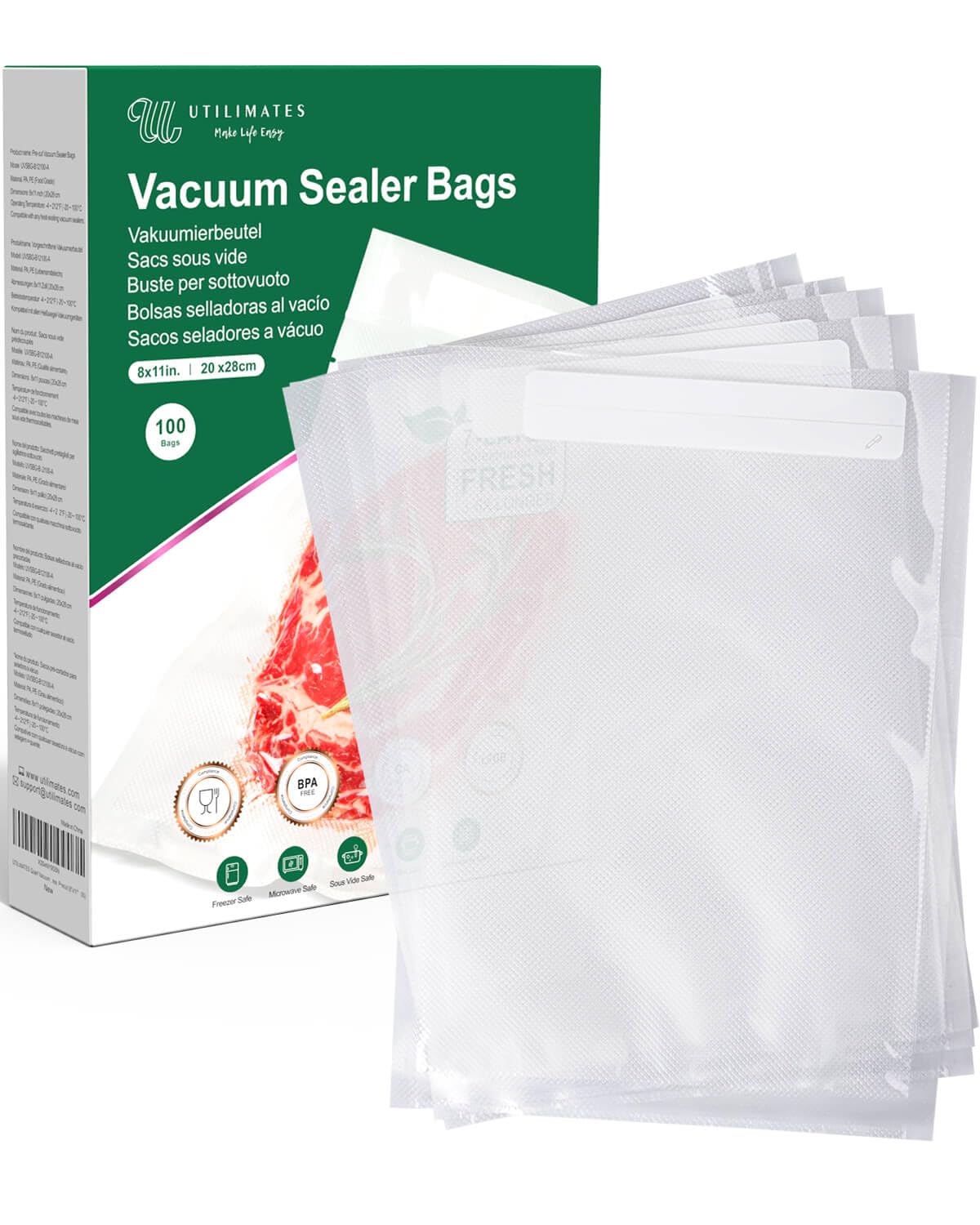 UTILIMATES Quart Vacuum Sealer Bags for Food, 8x11 Inch with Label Area