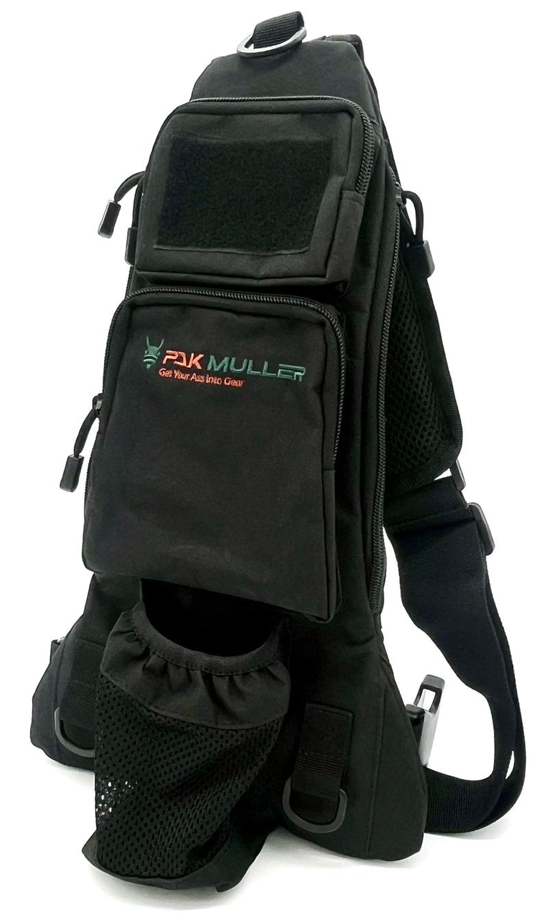 Pak Muller Crossbody Sling Bag Water Bottle Holder, RFID Back Pocket, Travel, Hiking, Everyday Go Bag, Chest Bag, Unisex, Slim Profile, Mid-Size (Black)
