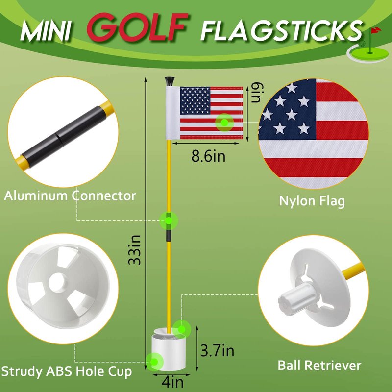 Meooeck 3 Pack Golf Flagstick 3ft Putting Green Pin Flag and Hole Cup Set for Yard Portable 2 Section Fiberglass Mini Golf Set for Driving Range Backyard, Double-side American Flag