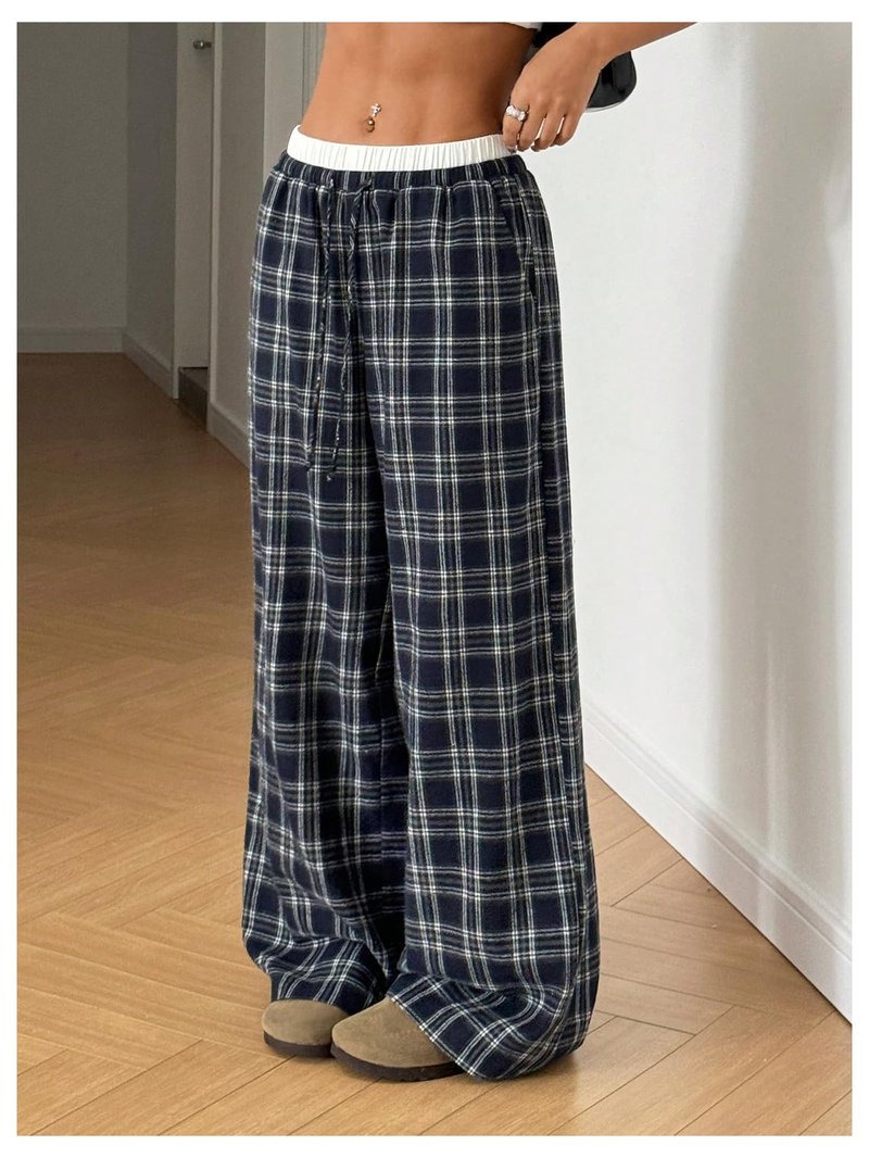 RoseSeek Girl's Plaid Wide Leg Track Pants Elastic Waist Baggy Long Trousers with Pockets Grey 12Y