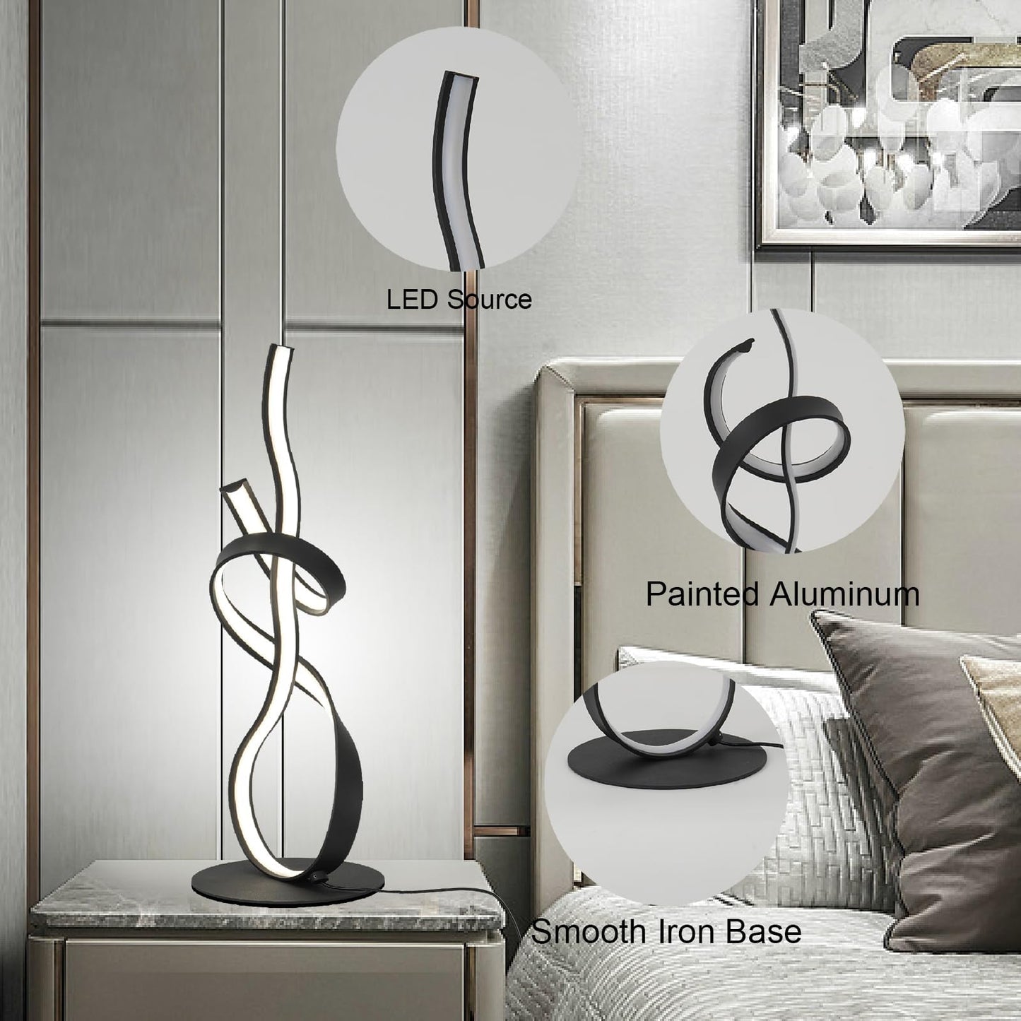 AooLiWang 22inch 24W 2700LM Modern Design 3CCT 2700K/4000K/6500K Stepless Touch Dimmable with Remote Control Art LED Table Lamps for Bedroom Bedside Living Room Villa Gift Idea (Black)