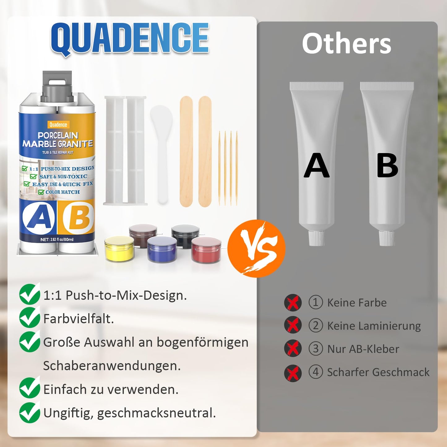 Porcelain Repair Kit, Quadence Waterproof Fiberglass Tub Repair Kit for Porcelain, Enamel, Fiberglass, Acrylic, Ceramic, Fix Chips, Crack, Scratches, Rust, Holes on Tubs, Toilet, Sink, Color Match