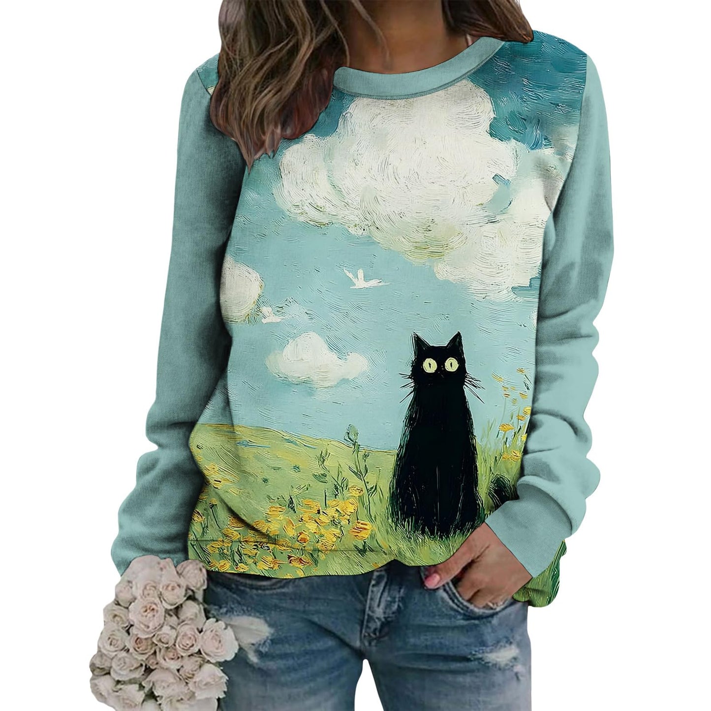 LOAIHA Women's Long Sleeve Sweatshirt With White Cat And Floral Print Navy Crewneck Pullover Vintage Japanese Style Loose Fit Soft Terry Cloth Top For Cat Enthusiasts