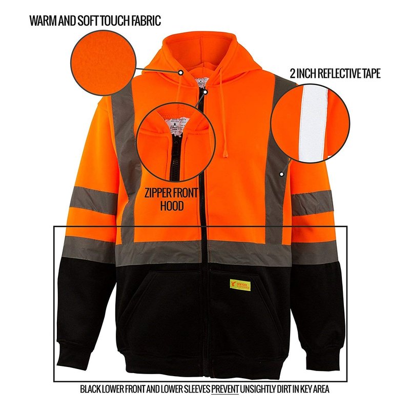 New York Hi-Viz Workwear H9011 Men's ANSI Class 3 High Visibility Class 3 Sweatshirt, Full Zip Hooded, Lightweight, Black Bottom 2XL