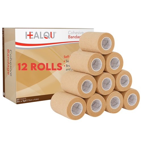 HEALQU Self Adhesive Bandage Wrap – 12 Rolls 3" x5Yd Cohesive Tape for Athletic & Sports -Self Adherent Medical Tape, Flexible, Waterproof Elastic Bandages for Wrist & Ankle Vet Wrap for Dogs